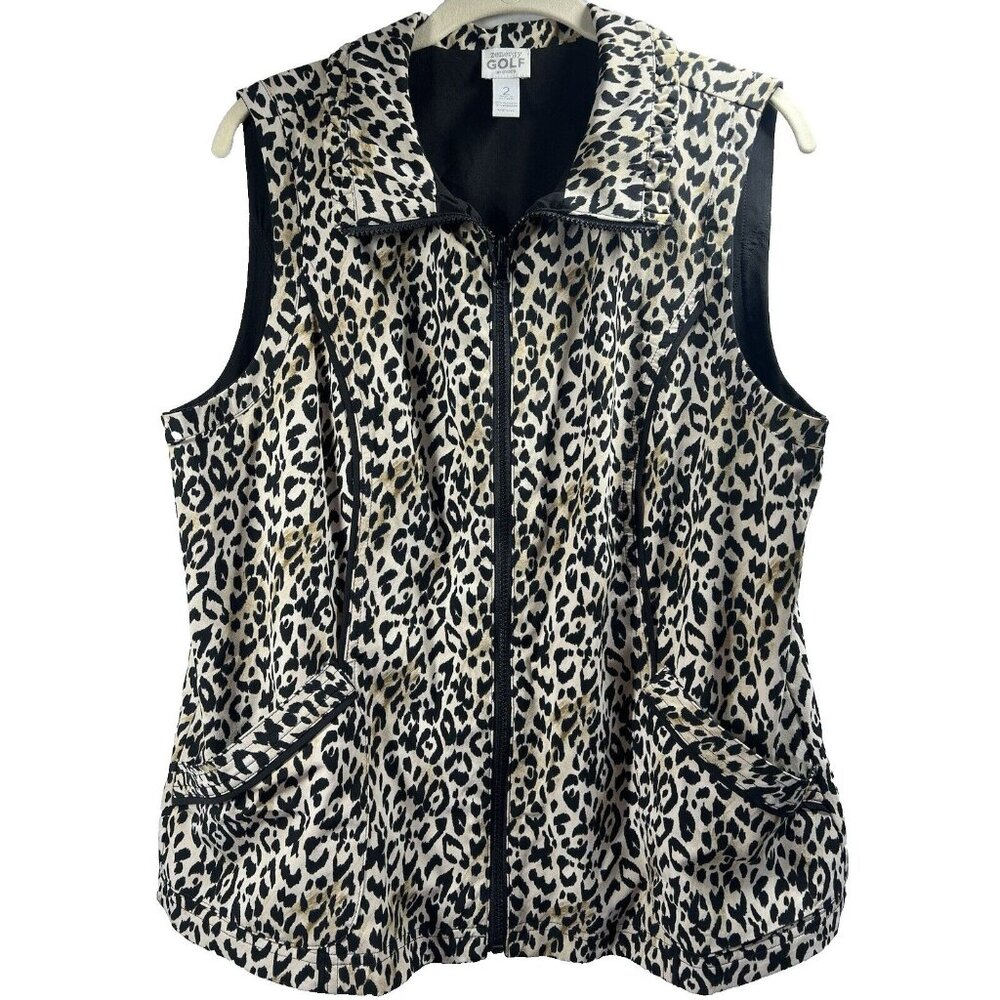 Chico's Reversible Vest Golf Size Large Leopard Solid Black Full Zipper Ruffle